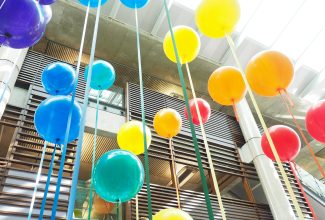 Rainbow balloons inside the Bahen Centre